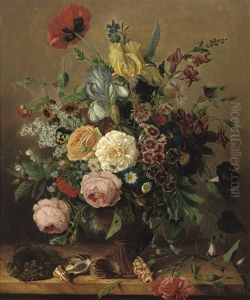 Roses, Peonies, Delphinium And Various Other Flowers In A Vase, Together With Shells And A Birds Nest, All On A Stone Ledge