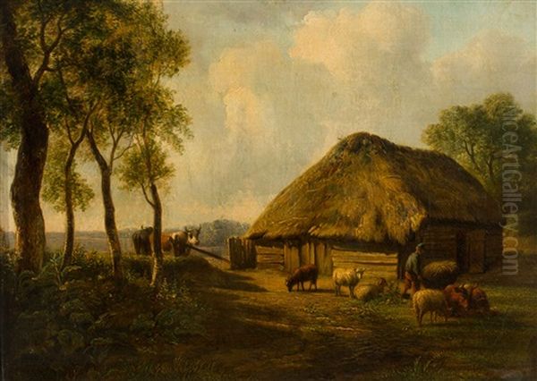 Farmer With Cows And Sheep By The Stable - view 1