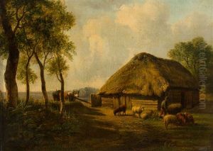 Farmer With Cows And Sheep By The Stable