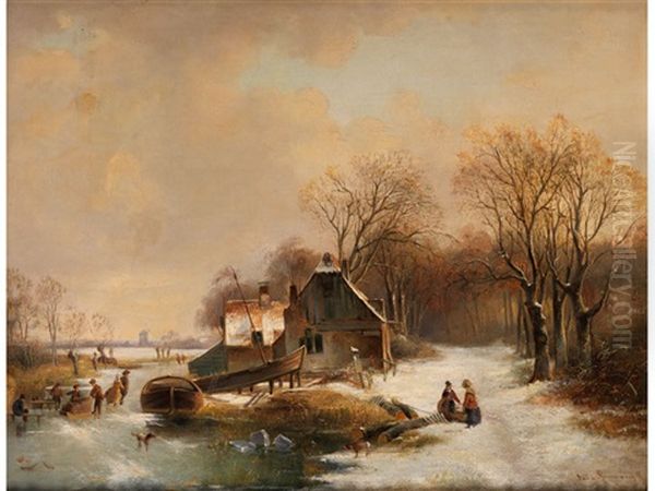 Winterlandschaft Mit Fischerhaus Und Schlittschuhlaufern - view 1