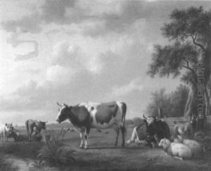 Landschaft Mit Stehenden Und Lagernden Kuhen, Daneben Ziege Und Schafe