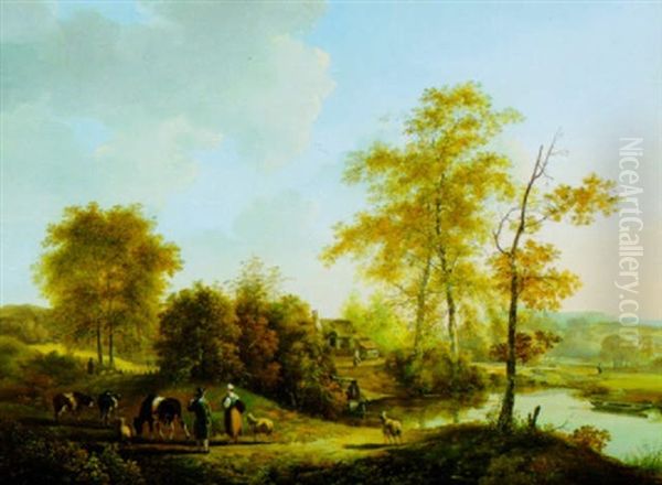 View Of A Thriving Dutch Farmstead In Grand Landscape, With Country Folk, Cattle And Sheep - view 1