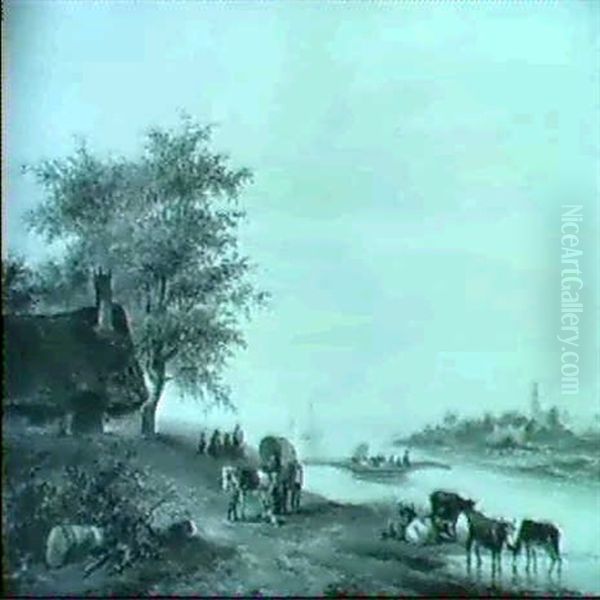 Flusslandschaft Mit Einer Bauernkate Und Saufendem Vieh - view 1