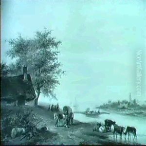 Flusslandschaft Mit Einer Bauernkate Und Saufendem Vieh by Jan Van Ravenswaay