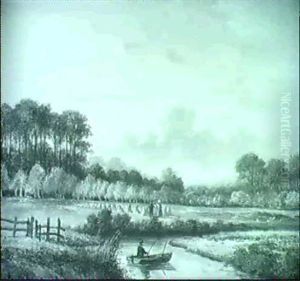 Sommerliche Flusslandschaft Mit Getreidehocken Und Angler Im Vordergrund by Jan Van Ravenswaay