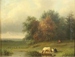 Landschap Met Rustende Herder En Koeien Aan Een Drenkplaats by Johannes Gijsbertus van Ravenswaay