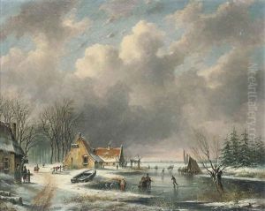 A Frozen River Landscape With Figures by Johannes Gijsbertus van Ravenswaay