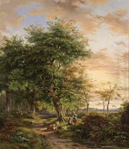 Travellers On A Path In A Wooded Landscape by Johannes Gijsbertus van Ravenswaay