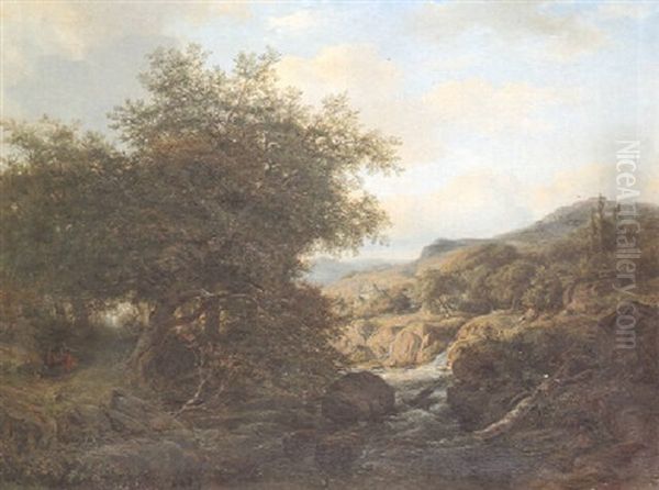 Figures On A Path In A Wooded River Landscape - view 1