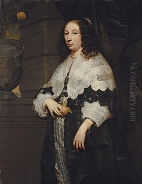 Portrait Of A Lady, In A Black Dress And A Lace Collar, Holding An Orange - view 1