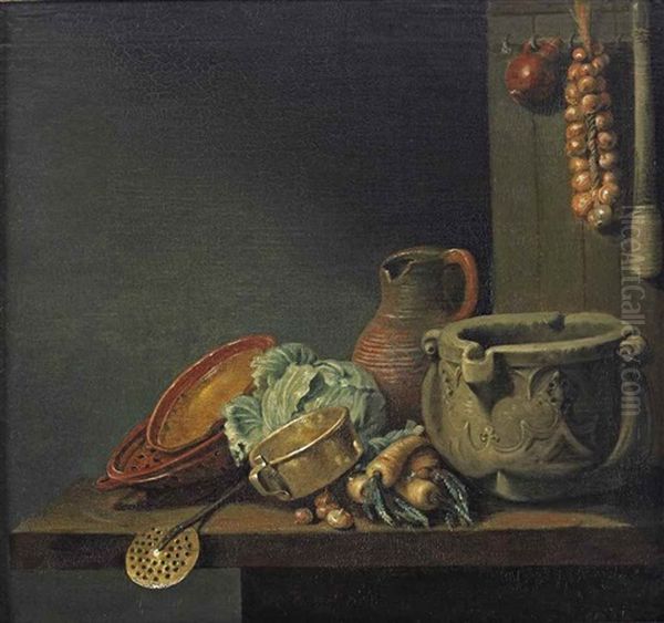 Earthenware Vessels, A Cabbage, Parsnips, Onions, A Copper Pot With A Stone Mortar, An Earthenware Jug, A Straining Ladle On A Wooden Table, With A Pestle, Onions And A Small Earthenware Jug Hanging On The Wall Behind - view 1