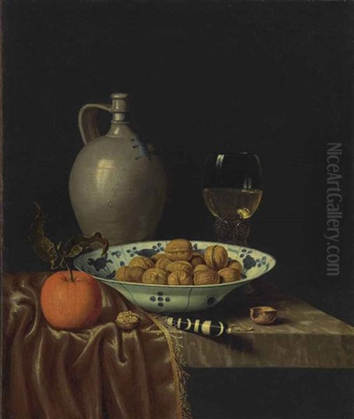 Walnuts In A Wan-li Porcelain Bowl, A Stoneware Jug, An Orange, A Knife With An Ebony And Ivory Handle And A Roemer, On A Partially Draped Ledge - view 1