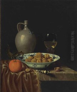 Walnuts In A Wan-li Porcelain Bowl, A Stoneware Jug, An Orange, A Knife With An Ebony And Ivory Handle And A Roemer, On A Partially Draped Ledge by Hubert van Ravesteyn
