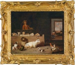 Ein Scheuneninterieur Mit Ziegen, Hunden, Federvieh Und Einem Hirten, Im Hintergrund Rechts Ein Ausblick Auf Eine Stadt by Hubert van Ravesteyn