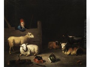 Stallinneres Mit Schafen Und Ziegen Sowie Einem Knaben Mit Roter Mutze Und Blauem Wams by Hubert van Ravesteyn