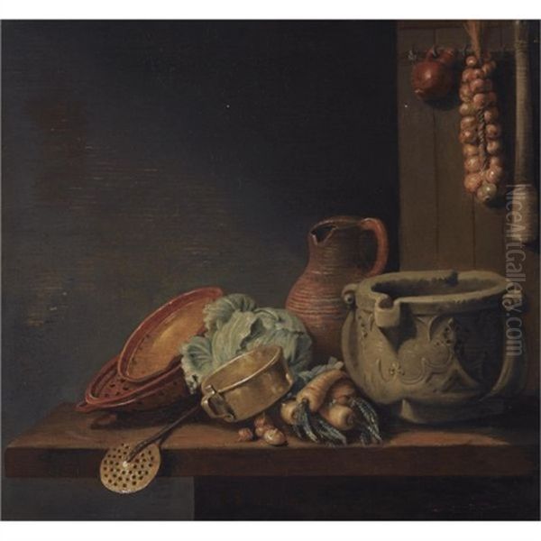 A Kitchen Still Life With A Cabbage, Onions, Parsnips, A Jug And Other Kitchen Utensils Over A Wooden Table - view 1