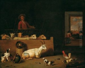 Scheuneninterieur Mit Ziegen, Hunden, Federvieh Und Einem Hirten by Hubert van Ravesteyn