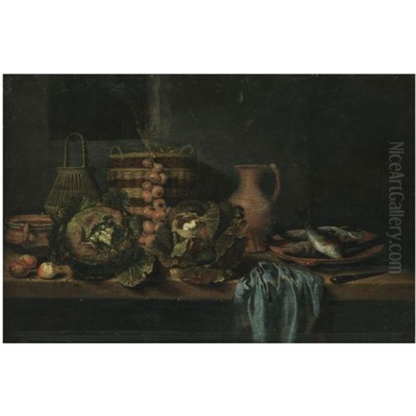 A Still Life With Cabbages, Onions, Apples, A Knife, Wicker Baskets And Earthenware Jugs On A Table, Together With A Plate Of Fish And A Blue Cloth - view 1