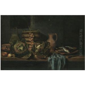 A Still Life With Cabbages, Onions, Apples, A Knife, Wicker Baskets And Earthenware Jugs On A Table, Together With A Plate Of Fish And A Blue Cloth by Hubert van Ravesteyn