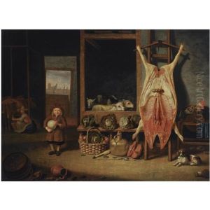 A Barn Interior With A Slaughtered Pig, A Young Boy Playing With A Pig's Bladder, Sheep, A Cockerel And A Dog, Vegetables On A Wooden Ledge, A Maid Milking Cows, A View Of Dordrecht Beyond by Hubert van Ravesteyn