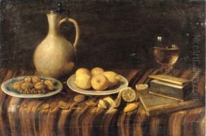 An Earthenware Jug, A Glass Of Wine, Two Books, A Plate With Nuts And A Plate With Lemons On A Draped Table by Hubert van Ravesteyn