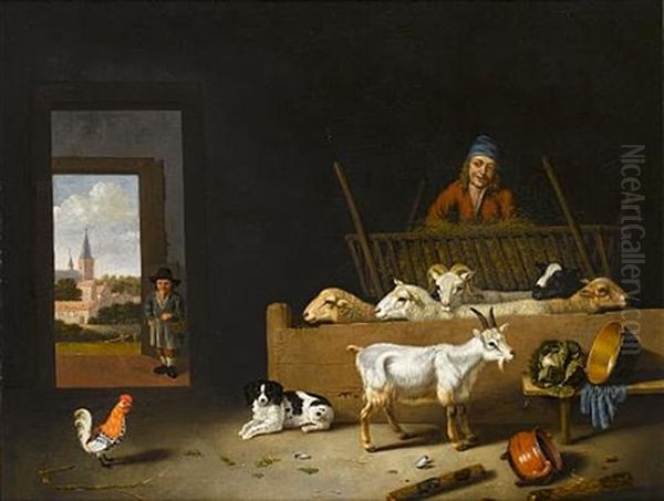 A Barn Interior With Sheep, A Goat, A Dog, A Cockerel And A Farmer, With A Boy In The Doorway, A View To A Village Beyond - view 1