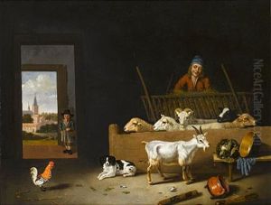 A Barn Interior With Sheep, A Goat, A Dog, A Cockerel And A Farmer, With A Boy In The Doorway, A View To A Village Beyond by Hubert van Ravesteyn