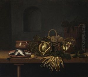A Still Life With Cabbages, Carrots, Gherkins, Fish On An Earthenware Plate, An Earthenware Pot And Two Baskets With Artichokes And Pears, All On A Wooden Table With A Pear by Hubert van Ravesteyn