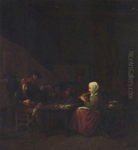 Boors Listening To A Maid Playing A Flute In A Tavern by Hubert van Ravesteyn