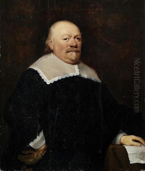 Portrait Of A Gentleman, Three-quarter-length, In Black Costume With His Hand Resting On A Table - view 1