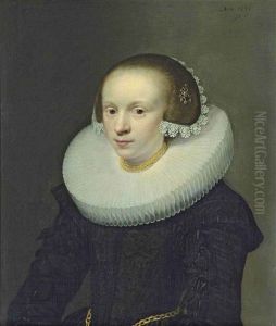 Portrait Of A Lady In A Black Dress With A Ruff, Gold Chains Around Her Neck And Waist, Lace Headdress And A Jewel In Her Hair