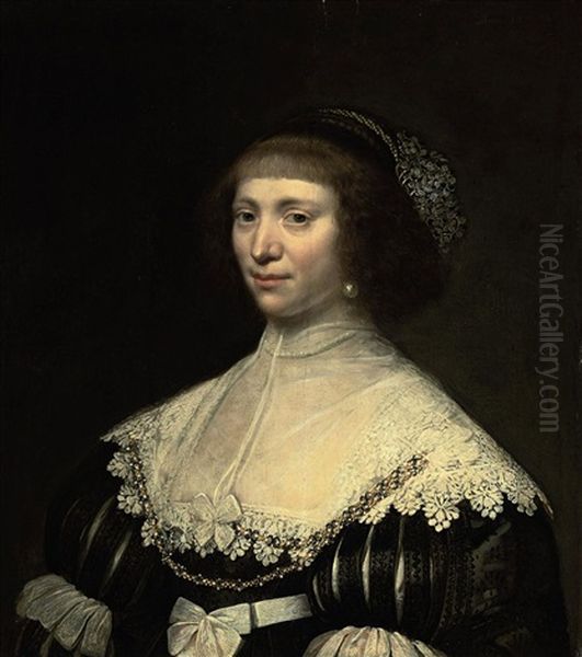Portrait Of A Lady In A Black Dress With Lace Trim And Pearl Ornaments - view 1