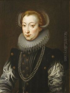 Portrait De Femme En Buste, Dans Une Collerette A Fraise, Avec Un Collier A Deux Rangs De Perles, Un Bonnet De Dentelles Dans Les Cheveux