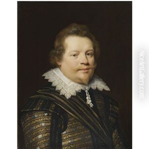 Portrait Of A Gentleman Wearing A Black And Gold Embroidered Doublet And A White Ruff
