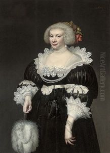 Portrait Of A Lady In A Black Slashed Silk Dress With Lace Collar And Cuffs, A Fan In Her Right Hand by Jan Anthonisz Van Ravesteyn