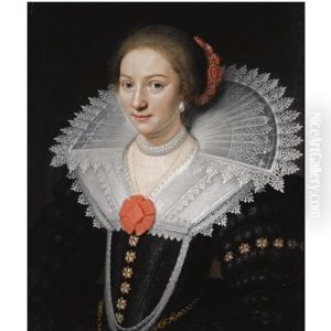 A Portrait Of A Lady, Half Length, Wearing A Black Dress With A White Lace Collar And Pearl Jewellery