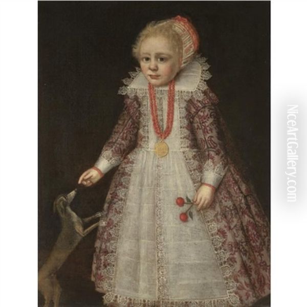 Portrait Of A Young Child, Full Length, Wearing A Pink Embroidered Dress, A Coral Necklace And Holding Two Cherries While Pointing To A Dog - view 1