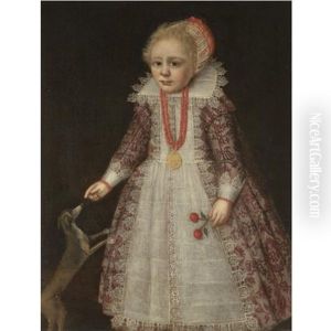 Portrait Of A Young Child, Full Length, Wearing A Pink Embroidered Dress, A Coral Necklace And Holding Two Cherries While Pointing To A Dog thumbnail