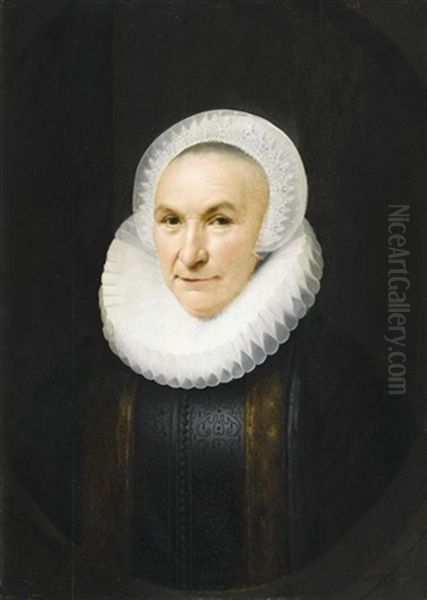 Portrait Of A Lady, Half Length, Wearing A Black Dress Fringed With Fur, A Ruff And An Elaborate Lace Headdress - view 1