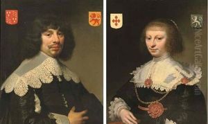 Portrait Of A Gentleman, Half-length, In A Black Costume And Lace Collar (+ Portrait Of A Lady, Half-length, In A Black Dress And Lace Collar, Holding A Fan In Her Right Hand; Pair) by Jan Anthonisz Van Ravesteyn