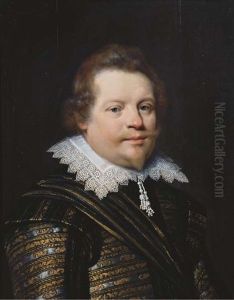 Portrait Of A Gentleman In A Black And Gold Embroidered Costume With White Lace Collar