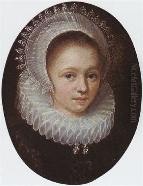 A Portrait Of A Young Girl Wearing A Black Dress With A White Lace Collar And An Elaborate Lace Headdress - view 1
