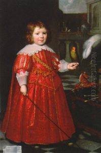 Portrait Of Joannes Ruyter In A Red Costume, Holding A Red-cheeked Parrot, With A Hobby Horse And Drum And Chair, A Garden Beyond