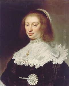 Portrait Of A Lady Wearing An Embroidered Black Dress, A Lace Collar, A Pearl Necklace And A Lace And Jewelled Headdress