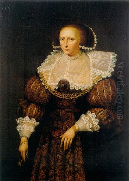 Portrait Of A Lady Wearing A Gold Embroidered Dark Dress With Slashed Sleeves, Holding A Fan - view 1