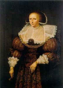 Portrait Of A Lady Wearing A Gold Embroidered Dark Dress With Slashed Sleeves, Holding A Fan