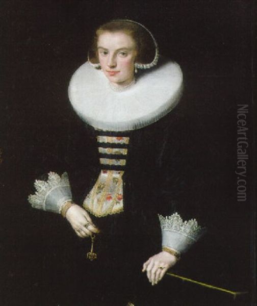 Portrait Of A Lady, Three-quarter-length, In A Black Dress With Lace Cuffs And A Ruff, Holding A Fan - view 1