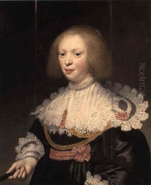 Portrait Of A Lady Wearing A Black Dress And White Collar And Silver Sash - view 1