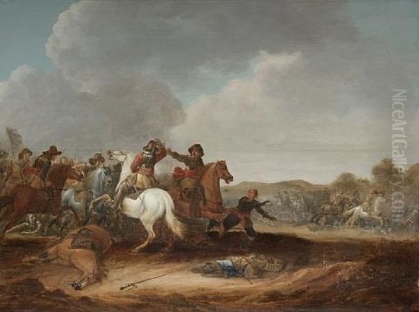 A Cavalry Skirmish With A Castle On A Plain Beyond (+ A Cavalry Skirmish In A Dune Landscape; Pair) - view 1