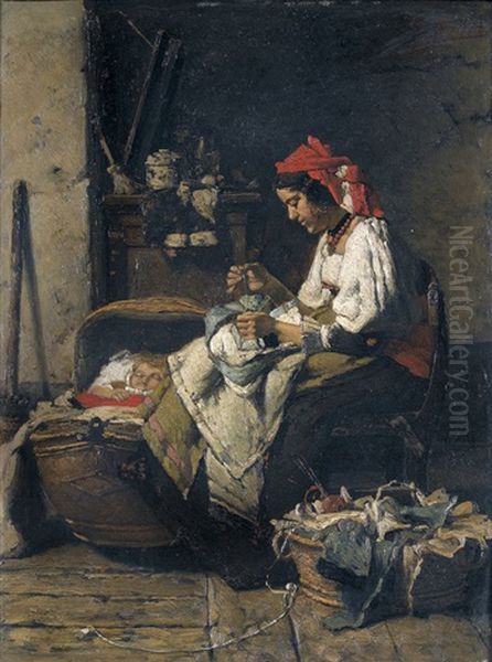 Mutter Mit Nahzeug Und Schlafendes Kind In Interieur - view 1